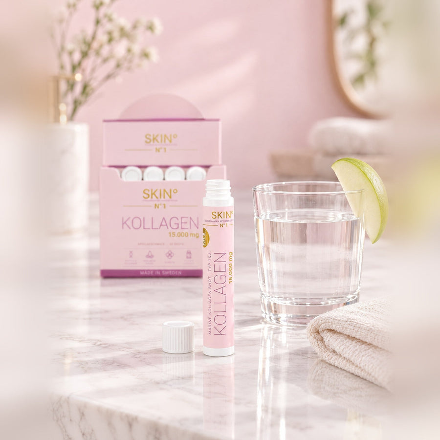 Morgenritual mit Wasserglas und Kollagen-Box im Badezimmer