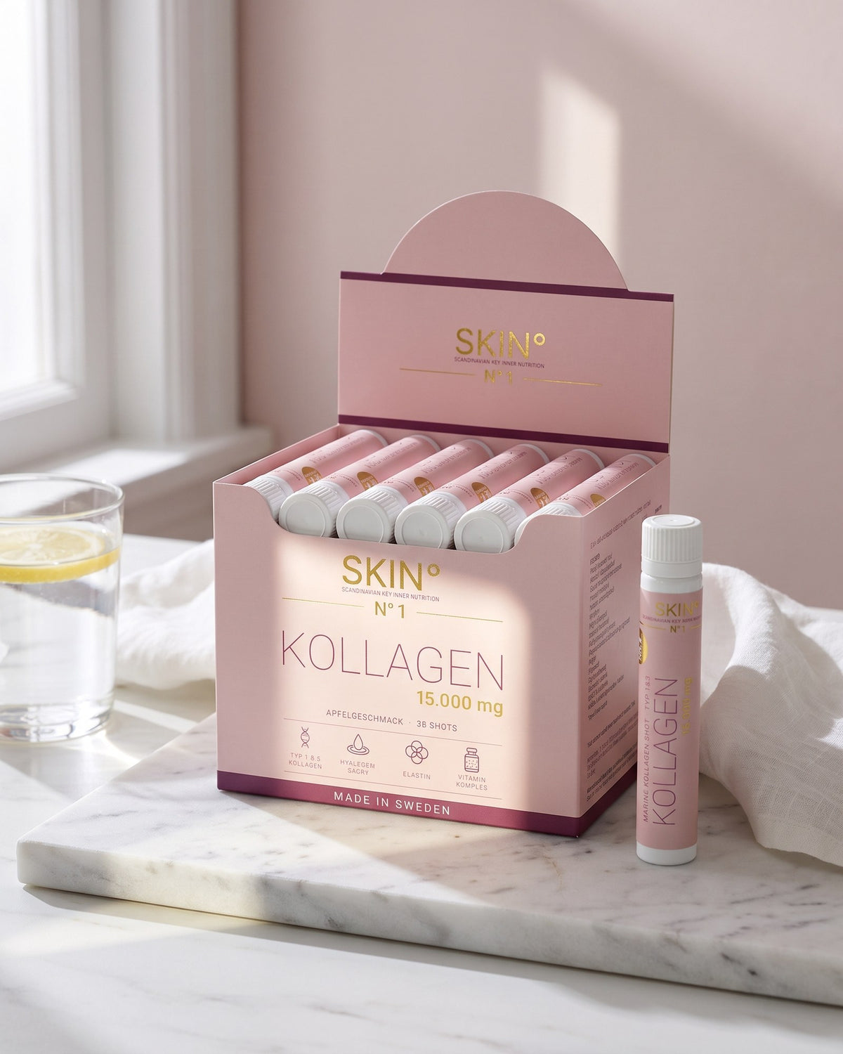 SKIN° Box im Badezimmer auf Marmor